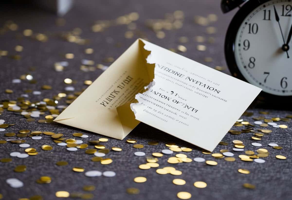 A fancy wedding invitation torn in half, scattered confetti on the floor, and a clock showing the time of the event