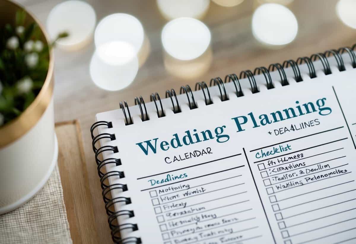A calendar with wedding planning notes, checklists, and deadlines marked