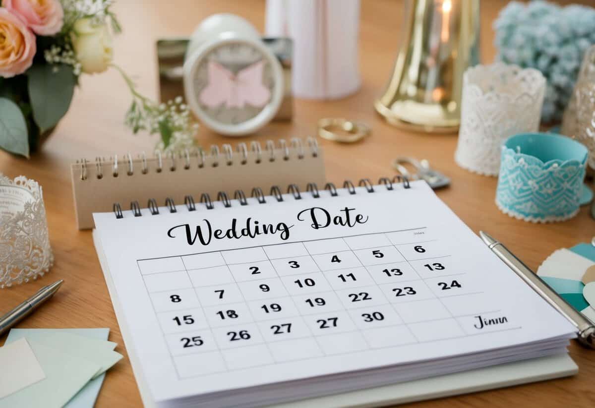 A calendar with wedding date circled, surrounded by planning tools and decor samples