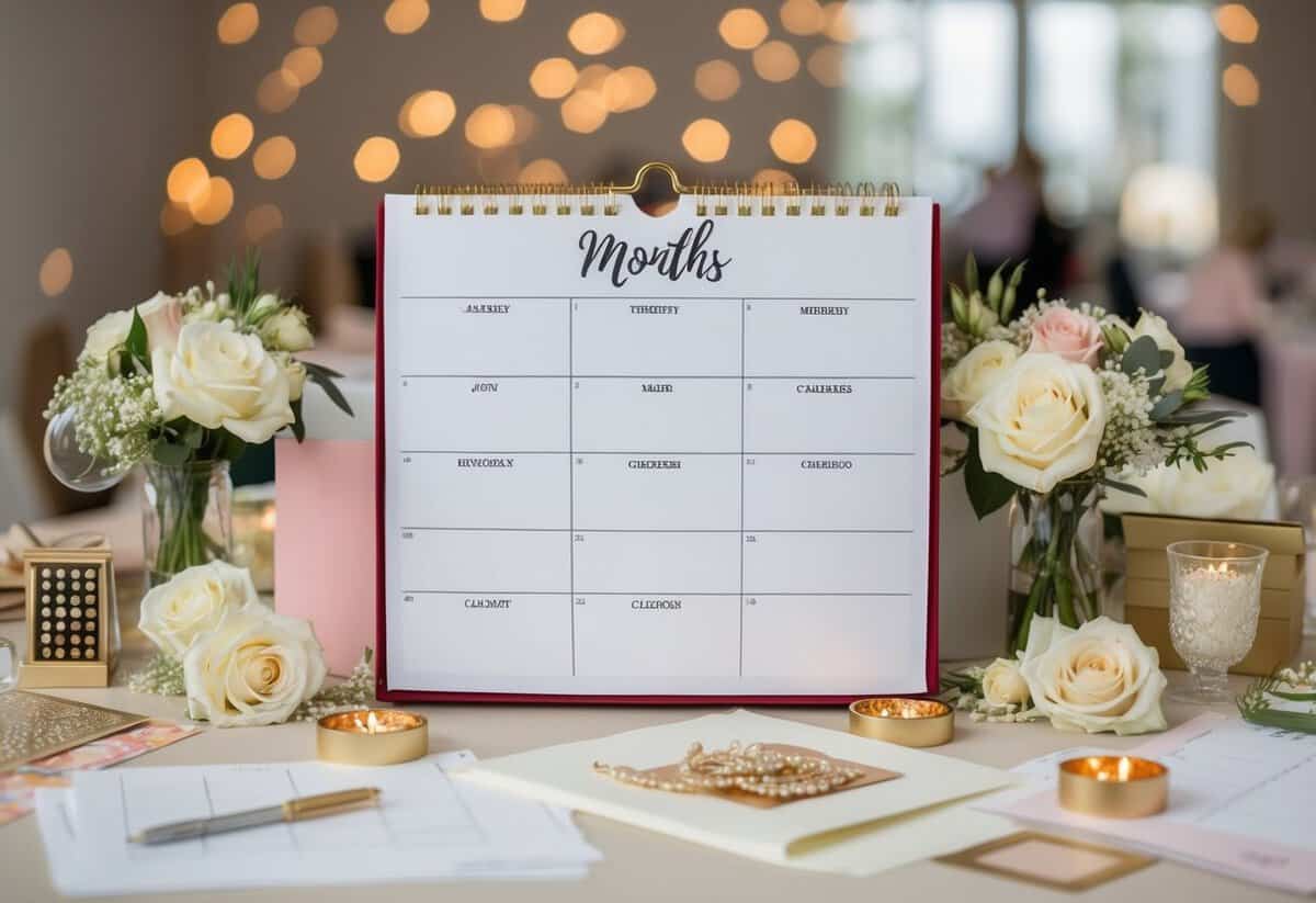A calendar with 9 months marked, surrounded by wedding planning materials and decorations