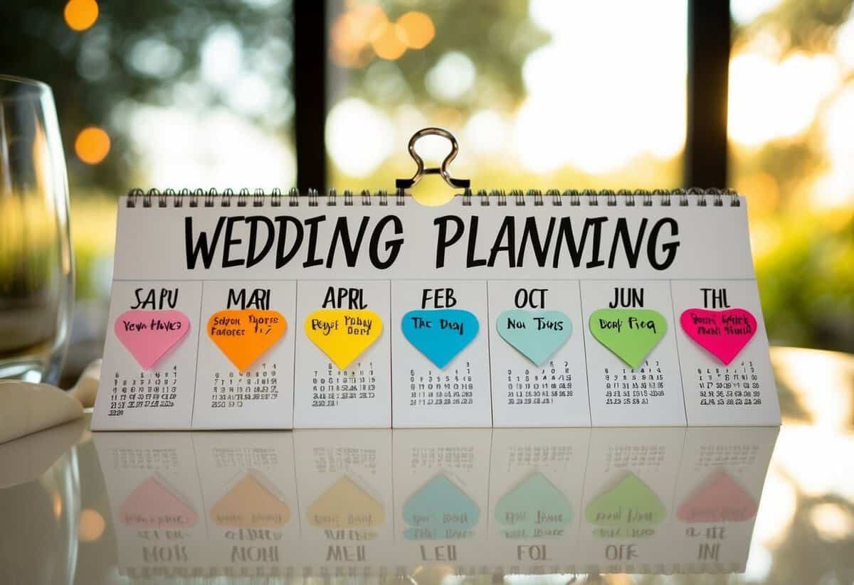A calendar with wedding planning tasks marked starting 12 months before the big day