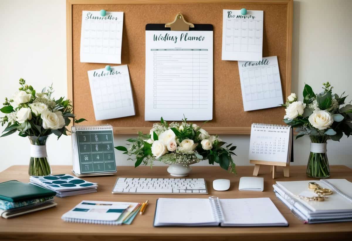 A wedding planner's desk cluttered with calendars, fabric swatches, and floral arrangements. A bride's checklist is pinned to a corkboard