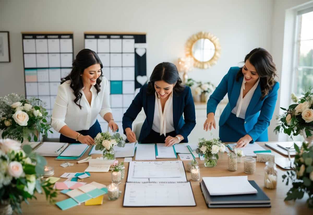 A bustling wedding planner's desk with calendars, fabric swatches, and floral arrangements scattered around, as they frantically organize a two-month timeline