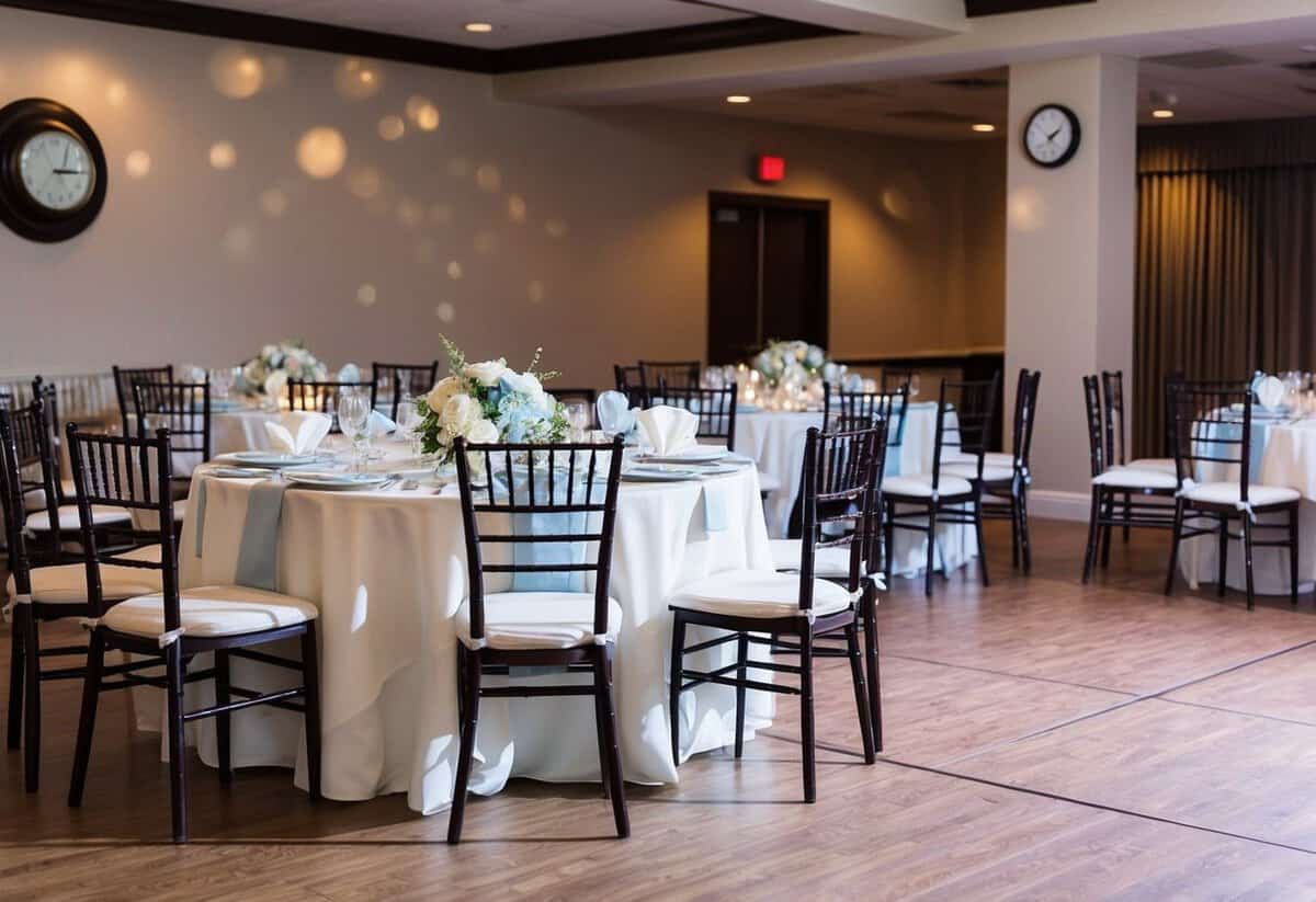 Empty chairs and half-eaten plates at a wedding reception. Music plays but the dance floor is deserted. A clock on the wall shows an early hour