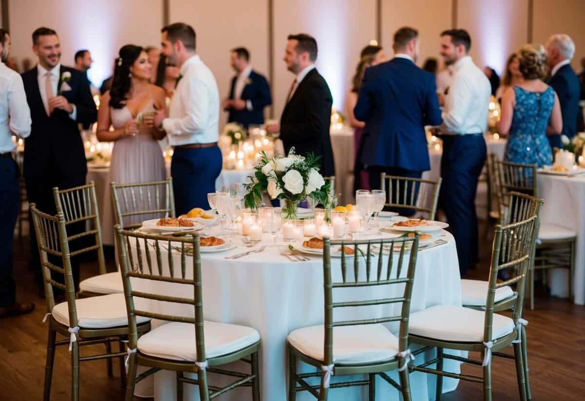 Guests mingling, empty chairs, and half-eaten desserts on tables as some leave early from the wedding reception
