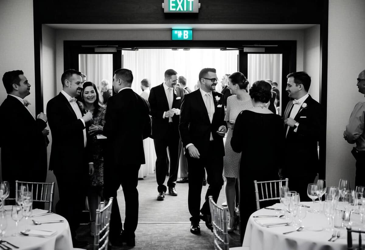Guests mingling by the exit, glancing at their watches. Empty chairs and half-full glasses on tables. A couple slipping out unnoticed