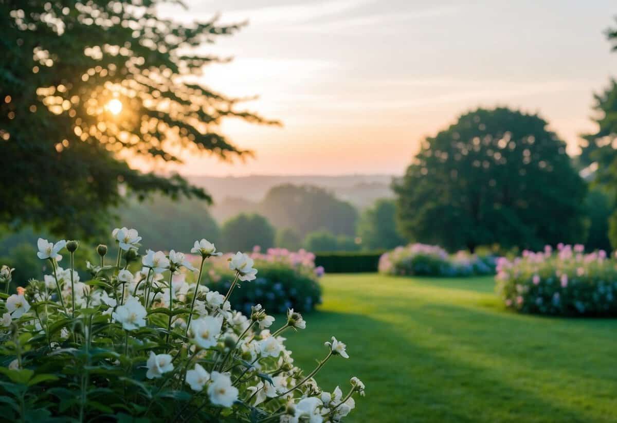 A serene garden at dawn, with flowers in bloom and soft sunlight filtering through the trees, creating a tranquil setting for a morning wedding