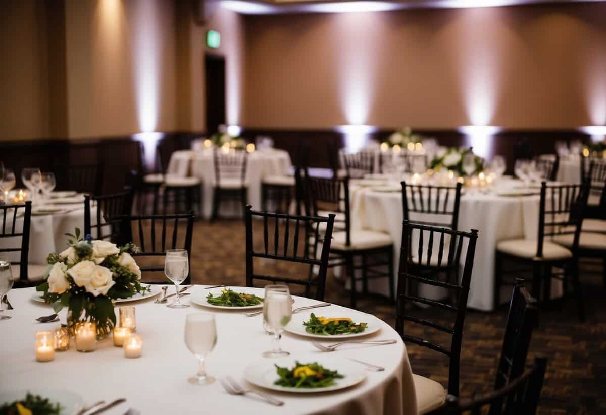 Empty chairs and half-eaten plates on deserted tables at a dimly lit wedding reception hall