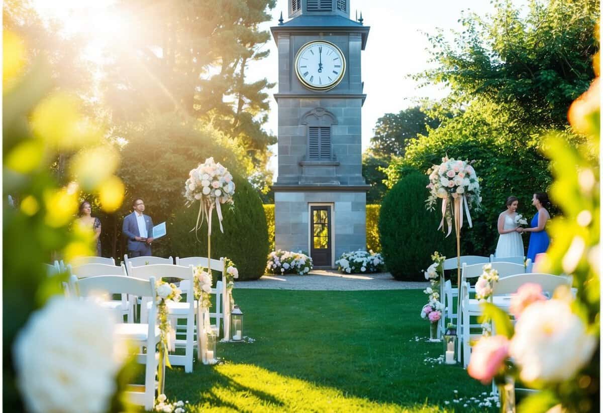 A sunlit garden with a clock tower showing 4:30, surrounded by blooming flowers and wedding decorations