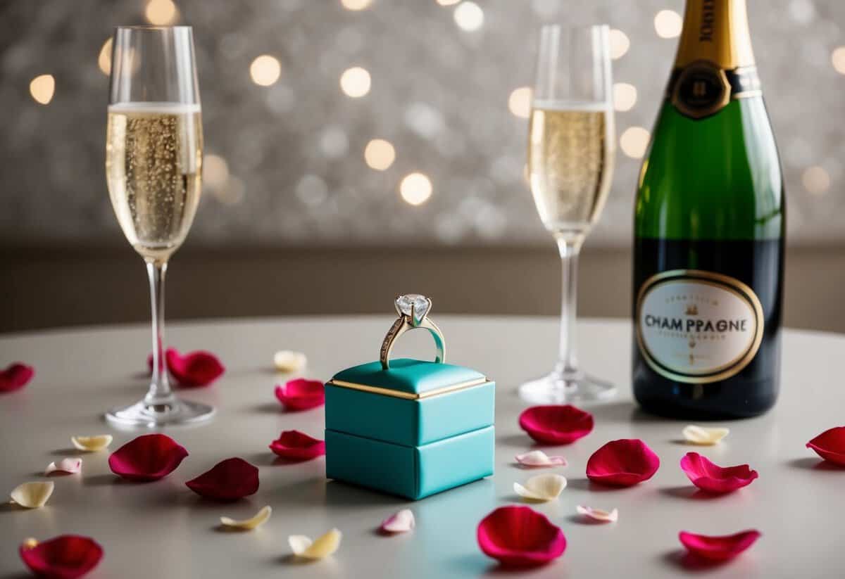 A ring box on a table, surrounded by scattered rose petals and a bottle of champagne with two glasses