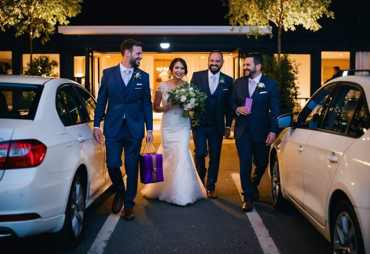 Guests exiting wedding venue at night, carrying leftover decorations and gifts, chatting and laughing as they head towards their parked cars