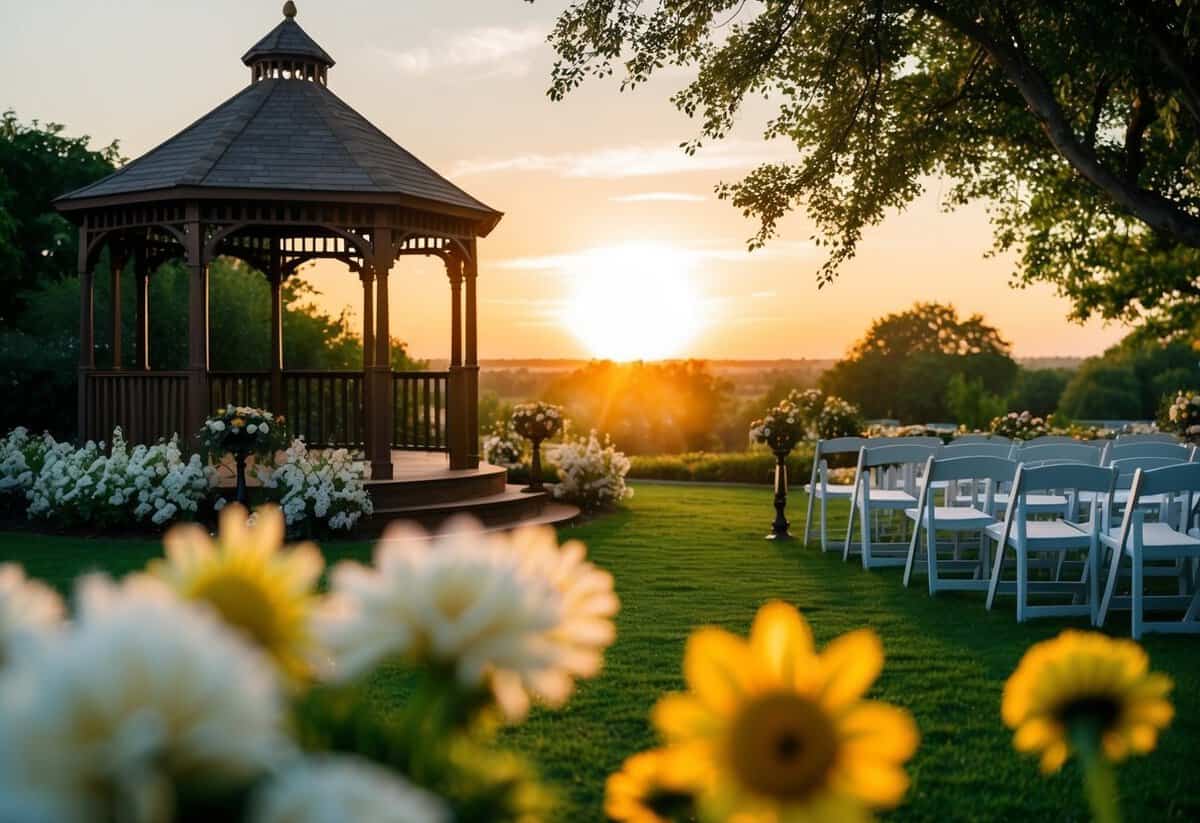 Sunrise over a tranquil garden with blooming flowers and a charming gazebo, set for an early morning wedding ceremony