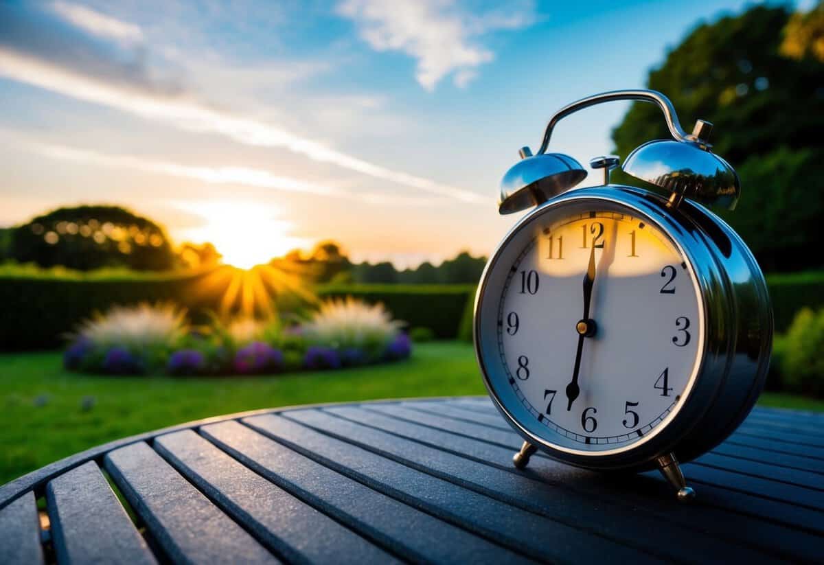 A serene sunrise over a tranquil garden with a clock showing 4:30, hinting at the question of whether it's too early for a wedding