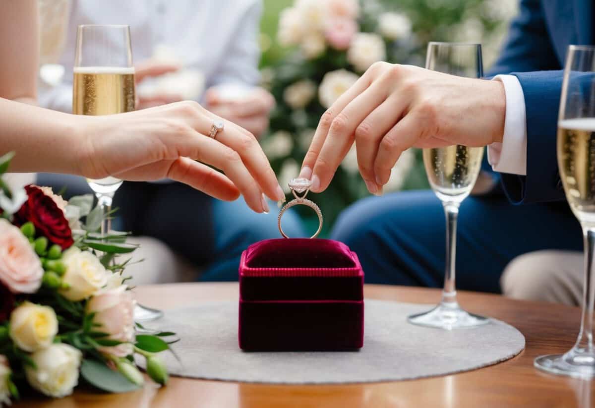 A couple's hands placing a sparkling engagement ring on a velvet ring box, surrounded by champagne glasses and a bouquet of flowers