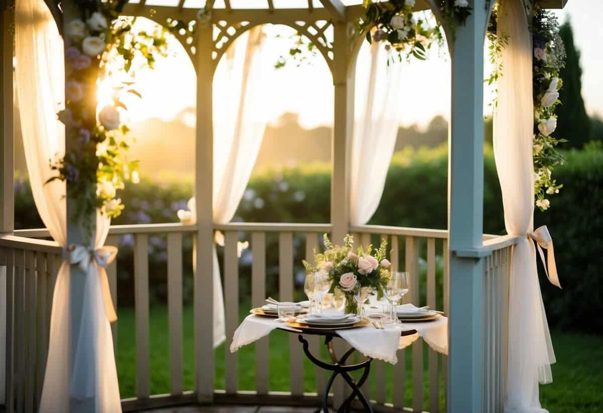 A soft morning light filters through a garden gazebo adorned with delicate flowers and ribbons. A small table is set with elegant place settings and a floral centerpiece, creating a cozy and intimate atmosphere for a sunrise wedding ceremony
