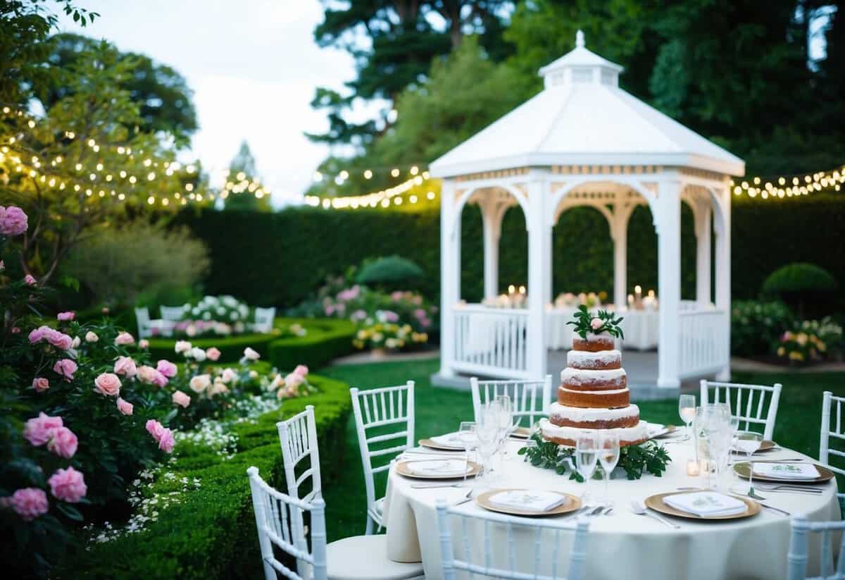 A lush garden with a white gazebo, surrounded by blooming flowers and twinkling lights. A table set for a wedding feast, with elegant place settings and a tiered cake