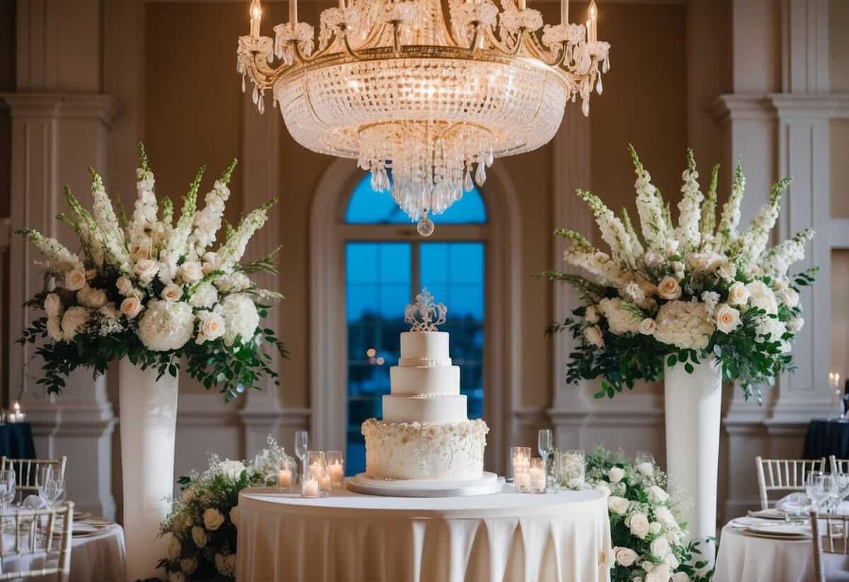 A grand chandelier, a luxurious floral arrangement, and an ornate wedding cake are the three most expensive items purchased for a wedding