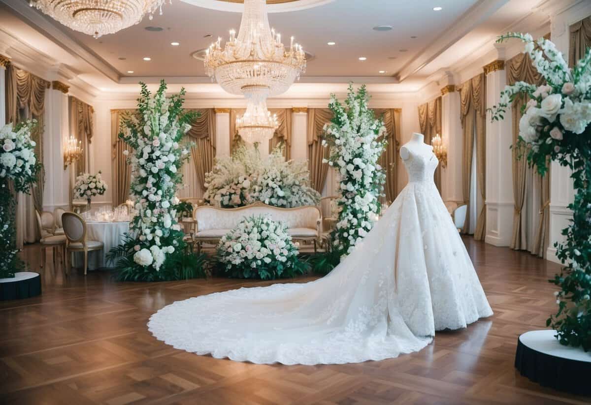 A lavish wedding venue with ornate decorations, a grand floral arrangement, and an extravagant wedding gown on display