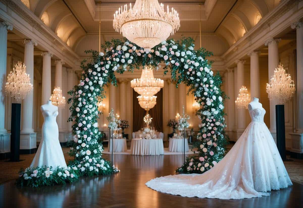 A grand ballroom filled with a lavish floral arch, a sparkling chandelier, and an opulent wedding gown on display