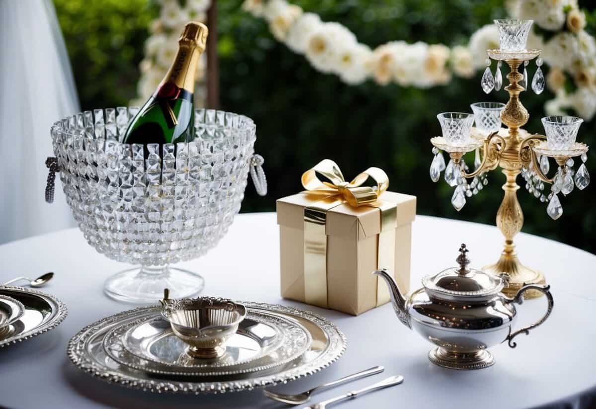 A lavish wedding gift table adorned with a crystal-encrusted champagne bucket, a gilded candelabra, and an ornate silver tea set
