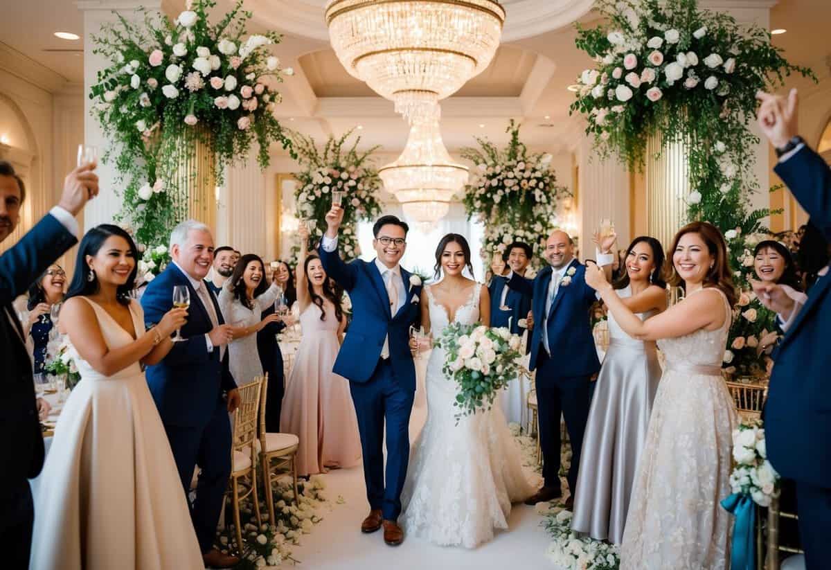 A lavish wedding venue with elegant decor and floral arrangements, surrounded by happy guests celebrating