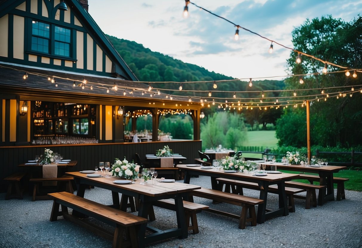 A rustic outdoor pub with string lights and wooden tables set for a wedding reception, surrounded by lush greenery and a picturesque view