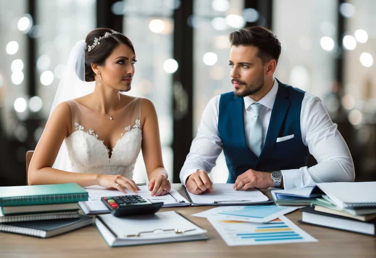 A bride and groom sit at a table, surrounded by wedding planning books, spreadsheets, and a calculator. They look focused and determined as they discuss their budget