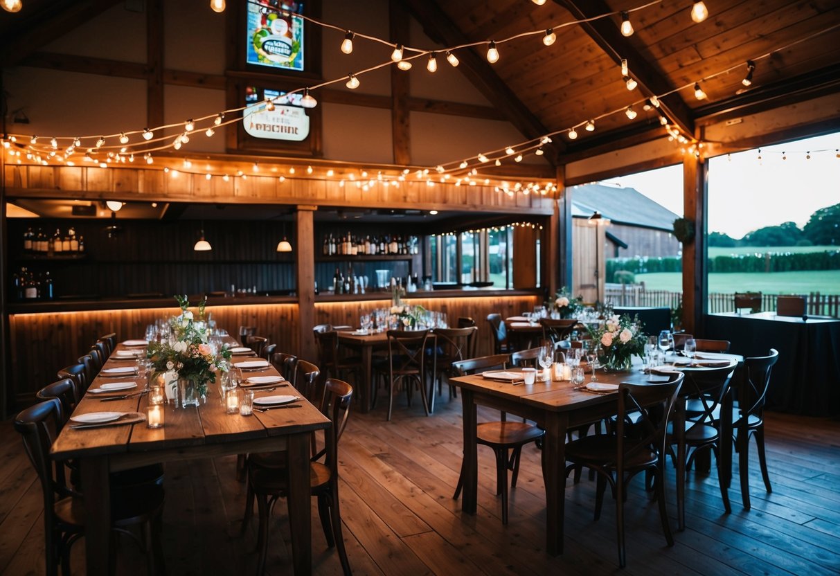 A rustic pub with string lights and wooden tables, set for a wedding reception