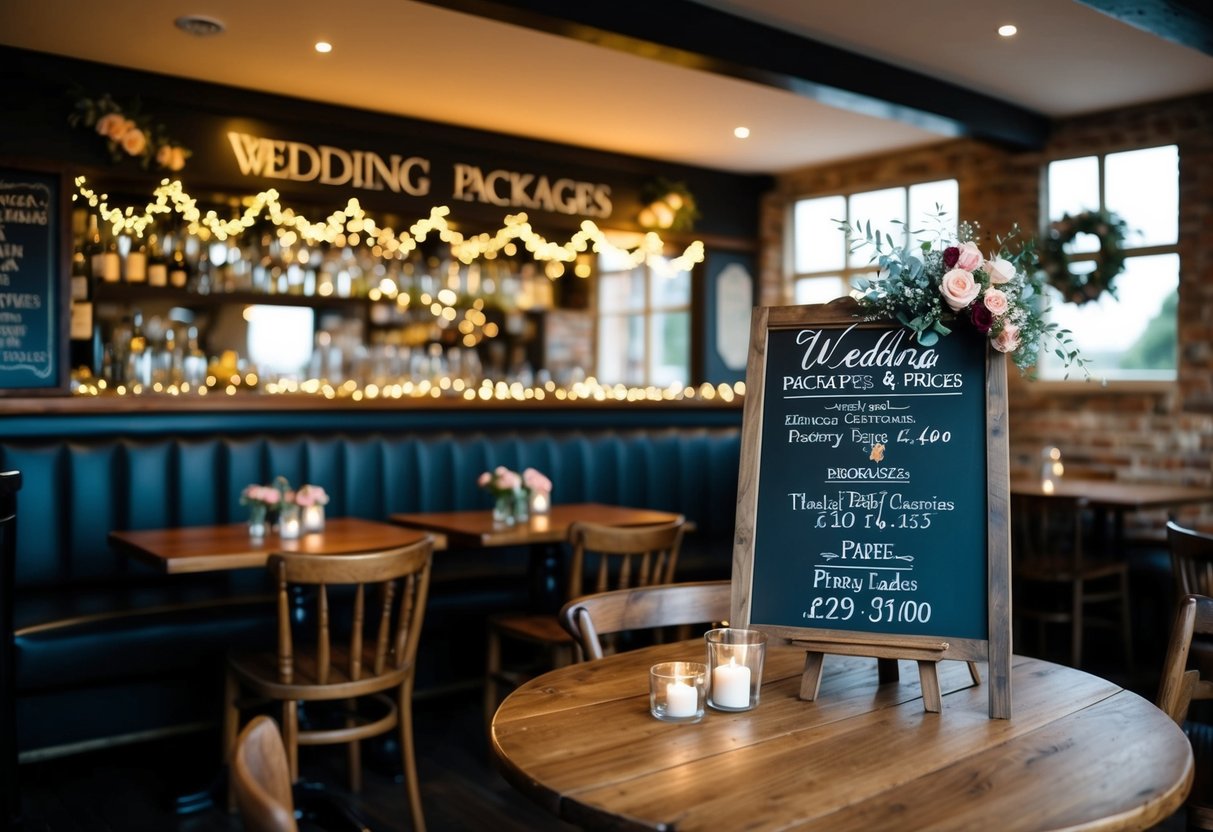 A rustic pub with fairy lights, wooden tables, and floral decorations. A chalkboard sign advertises wedding packages and prices