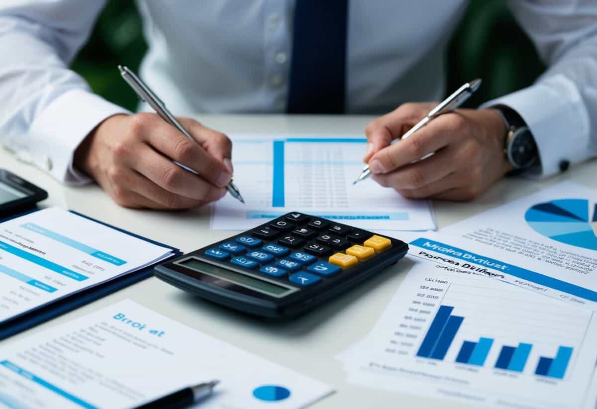 A wedding budget being carefully calculated and organized on a table with various financial documents and a calculator