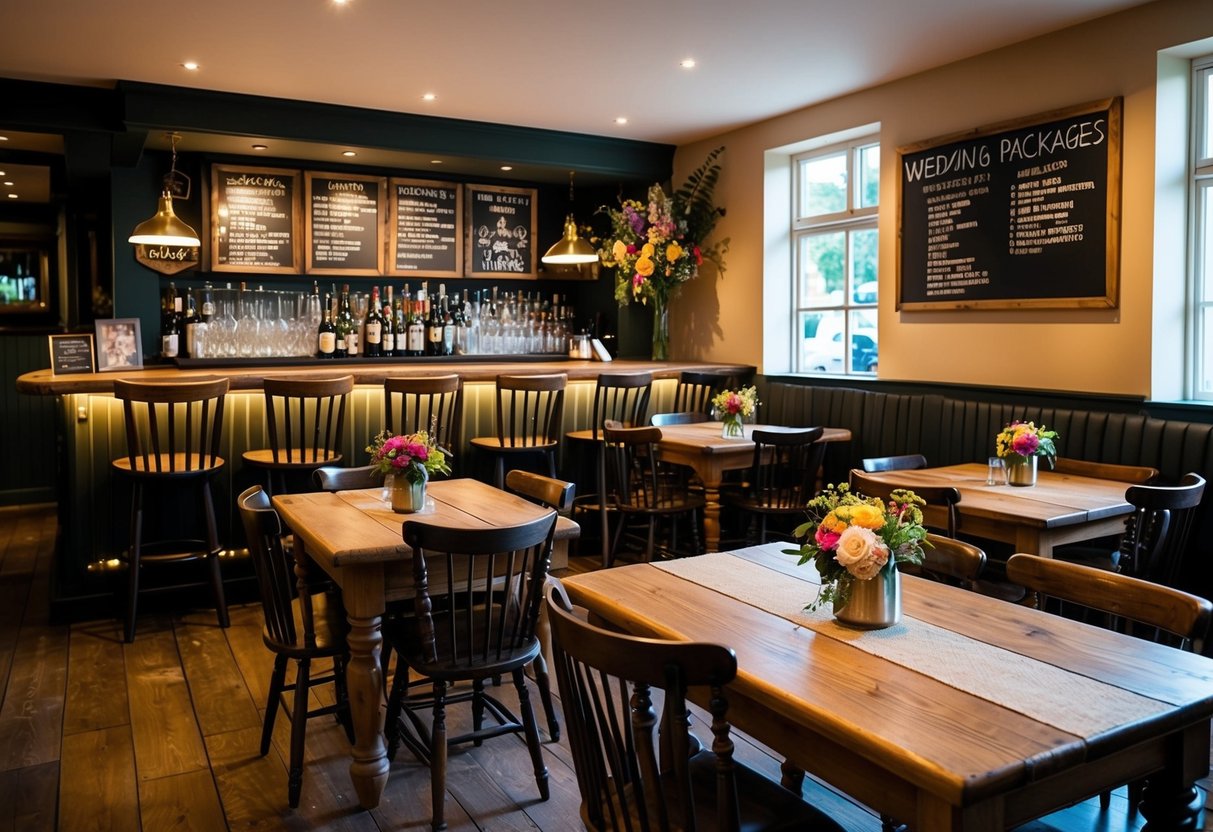 A cozy pub interior with rustic wooden tables and chairs, soft lighting, and colorful floral decorations. A chalkboard behind the bar lists wedding package options