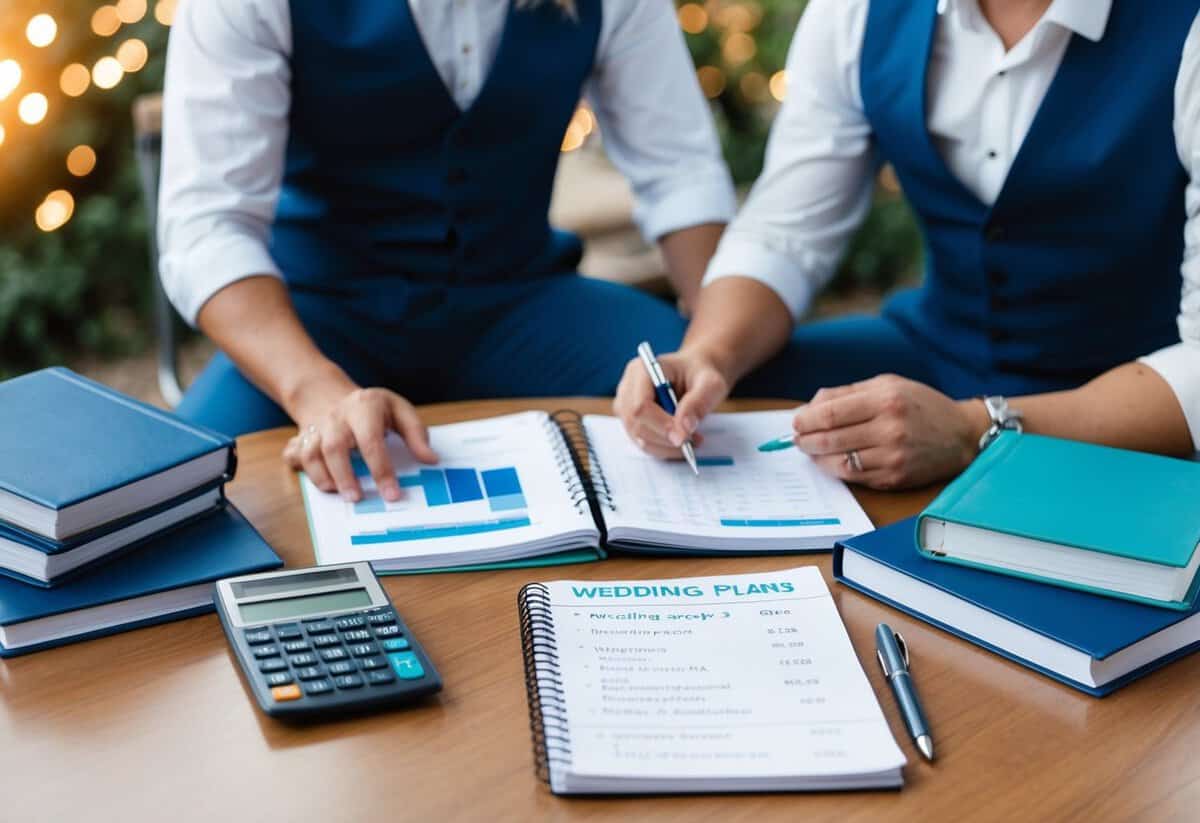 A couple sits at a table surrounded by wedding planning books, a calculator, and a notebook filled with budget calculations. They discuss and plan their wedding expenses
