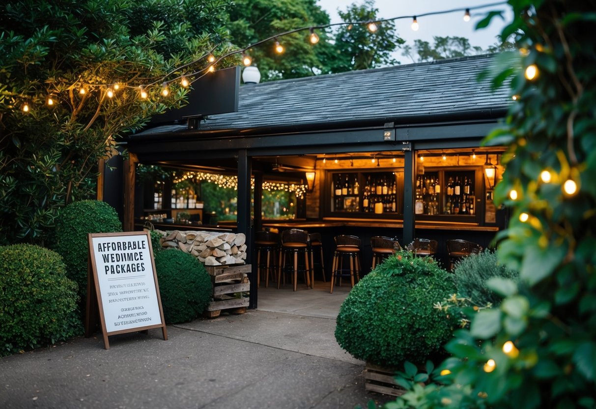 A rustic pub with a cozy outdoor area, surrounded by lush greenery and twinkling lights, with a sign advertising affordable wedding packages