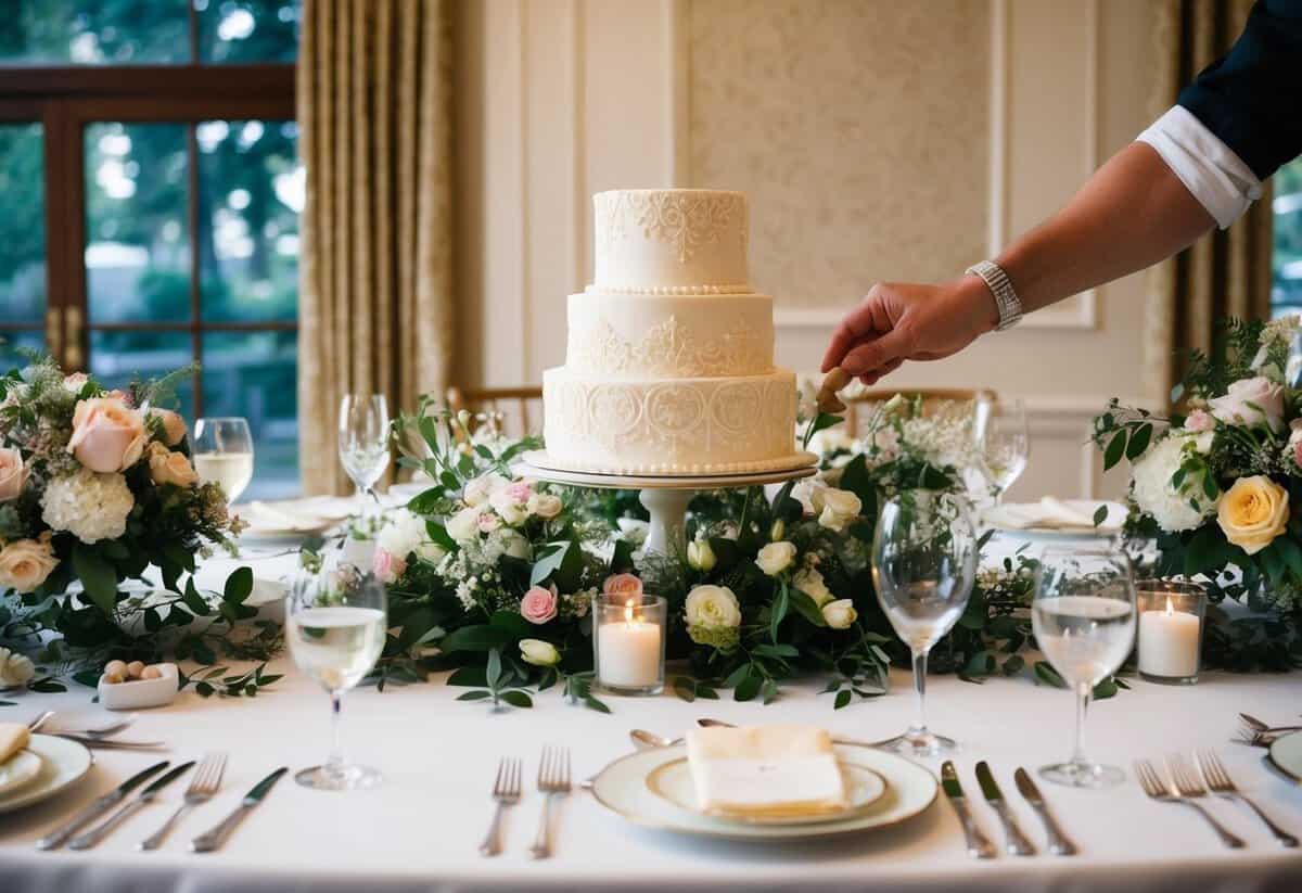 A table covered in floral arrangements and elegant place settings, with a wedding cake being decorated with intricate icing designs