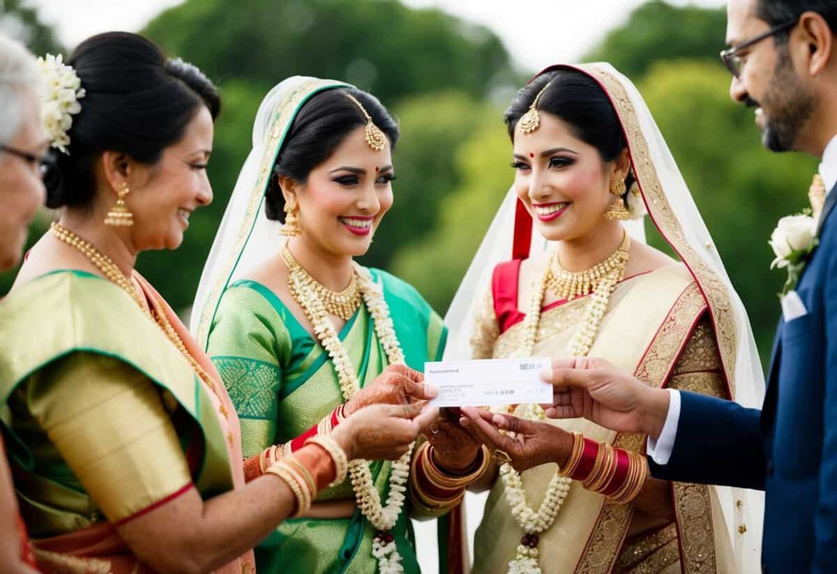 The bride's family is shown financially contributing to the wedding, symbolized by a traditional gesture of offering a monetary gift or check