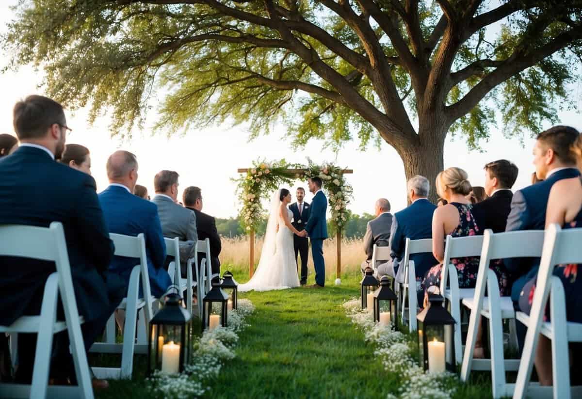 A simple outdoor ceremony under a tree with wildflowers and lanterns