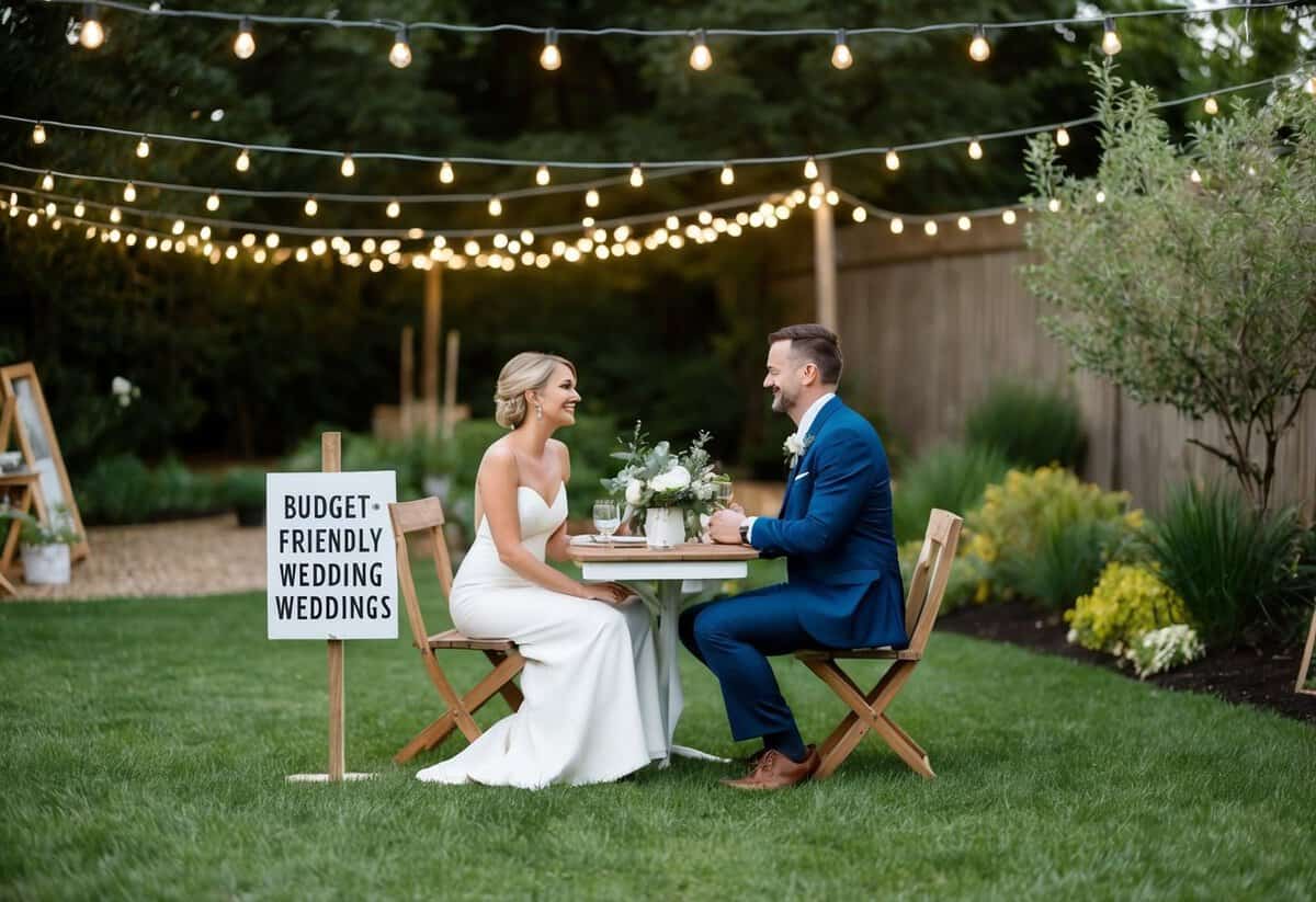 A couple sits at a small, intimate table in a garden, surrounded by twinkling lights and simple, rustic decor. A sign nearby reads "Budget-Friendly Weddings."