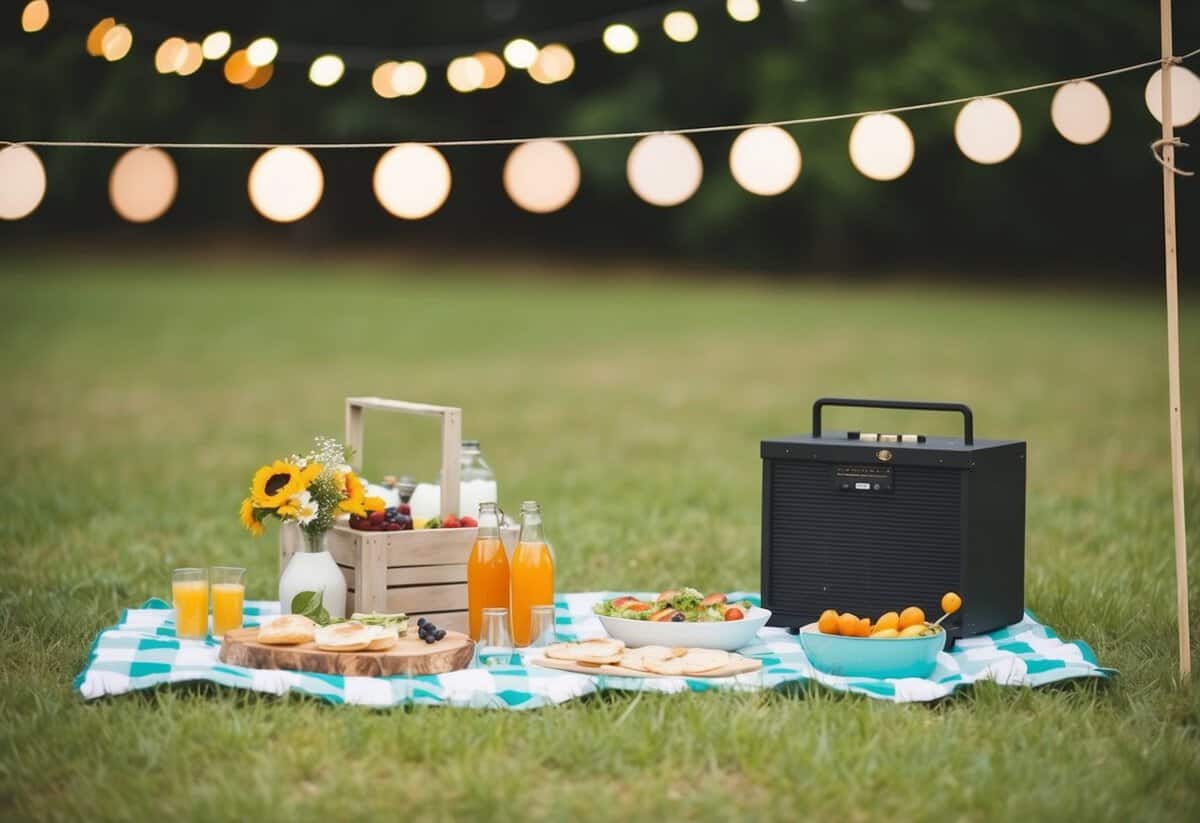 A simple outdoor picnic wedding with homemade food and drinks, and a DIY entertainment setup