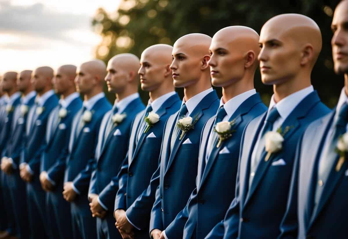A group of identical mannequins in matching suits stand in a row at a wedding