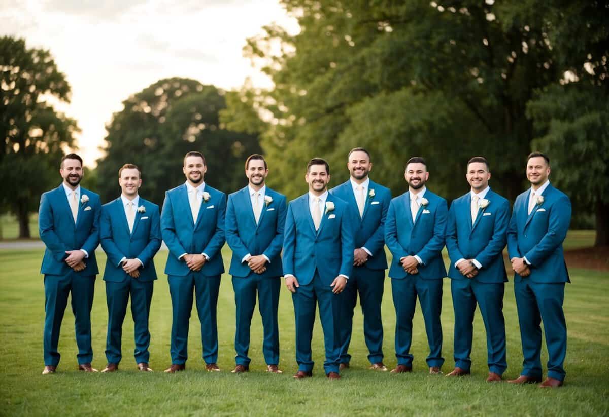 A groom and his groomsmen stand in a row, all wearing matching suits and ties, creating a cohesive and stylish look for the wedding