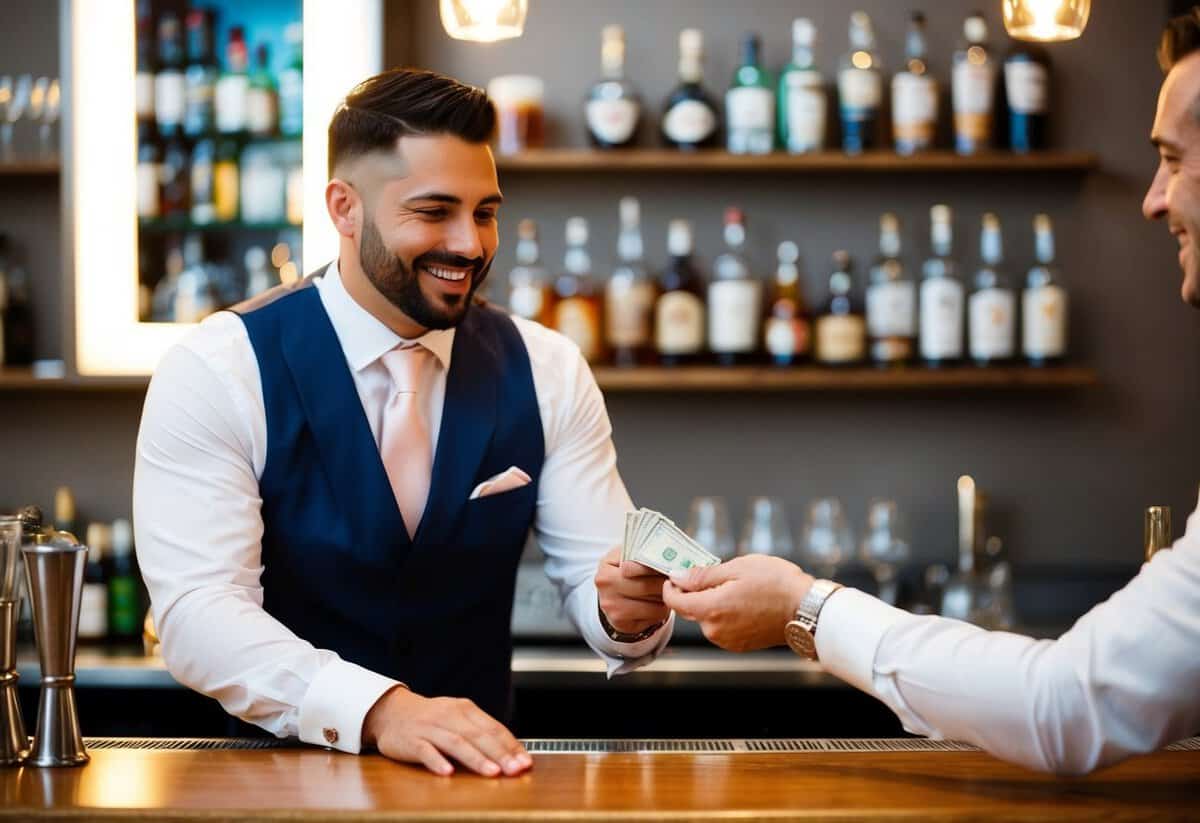 The best man pays for a round of drinks at the bar, handing over cash to the bartender with a smile