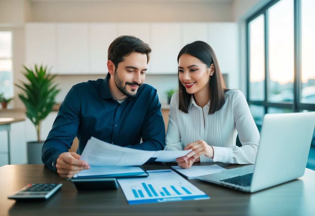 A couple sits at a table, reviewing financial documents and discussing their joint expenses. A calculator and budgeting software are visible on the table