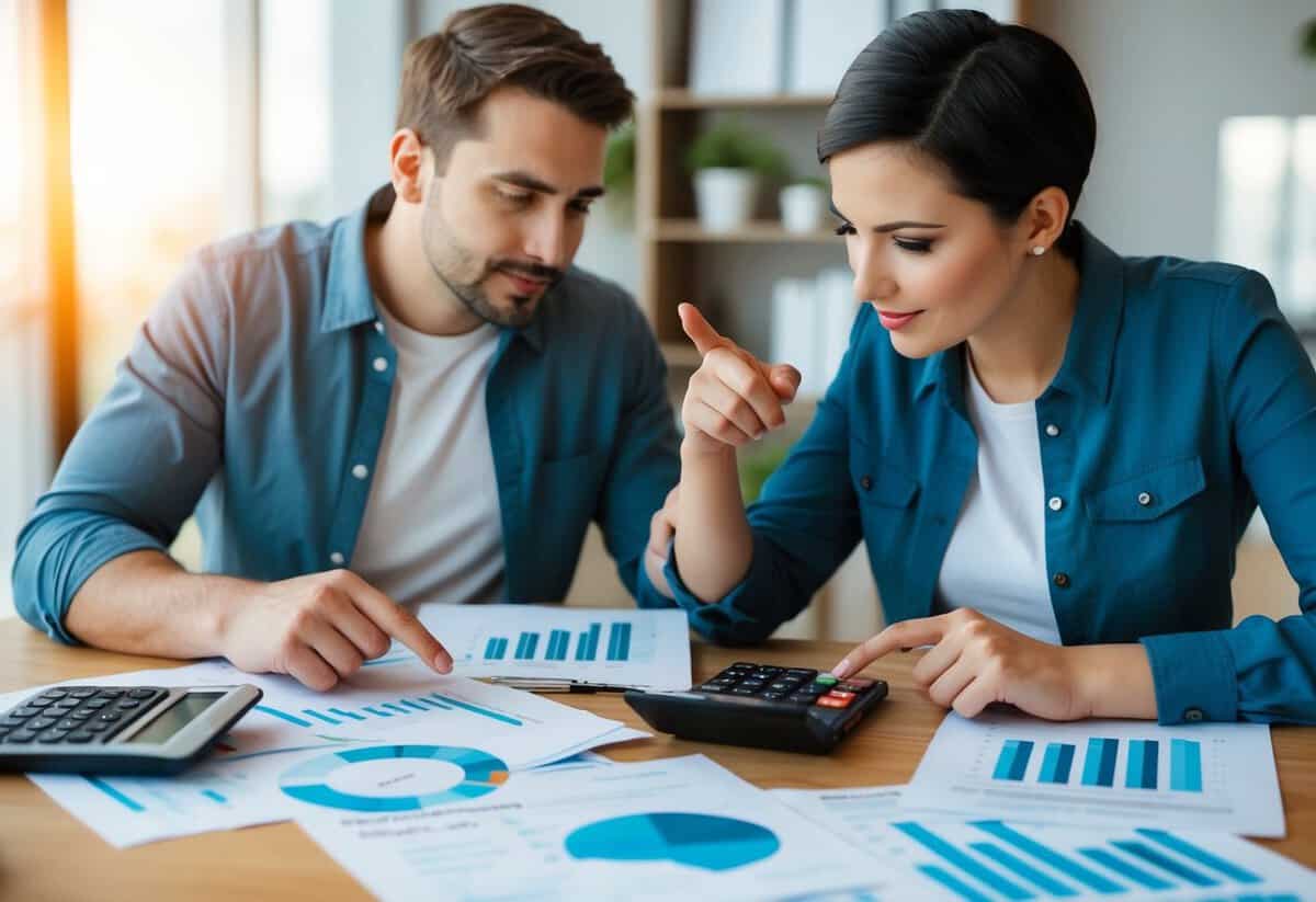 A couple sits at a table surrounded by financial documents and a calculator. They are deep in discussion, pointing to various numbers and charts, as they plan for their future together