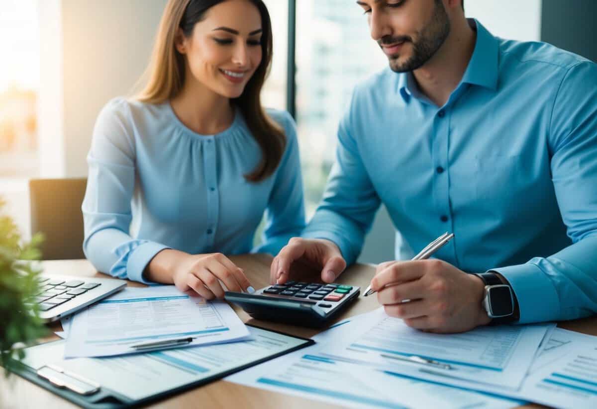A couple sitting at a table, reviewing financial documents with a calculator and pen in hand, surrounded by bank statements and legal papers