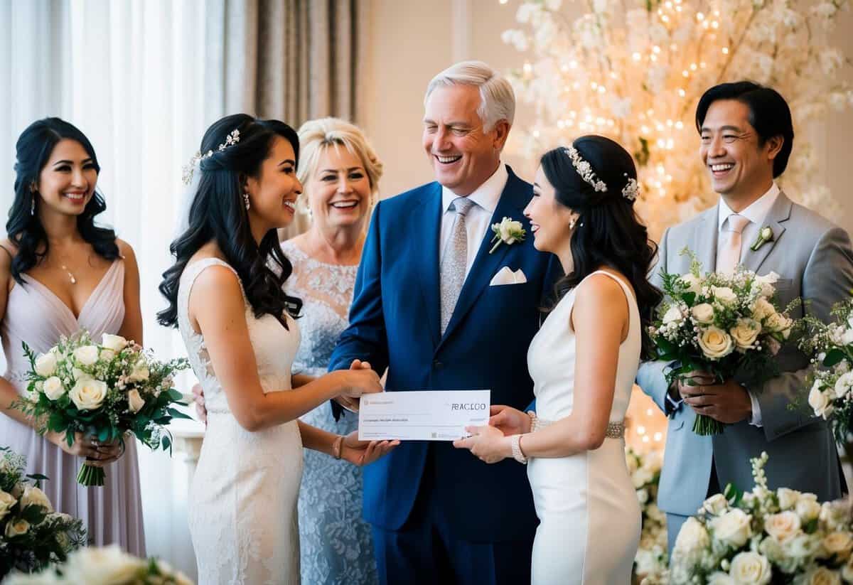 A wealthy couple presents a cheque to their daughter, surrounded by elegant wedding decor and a smiling event planner