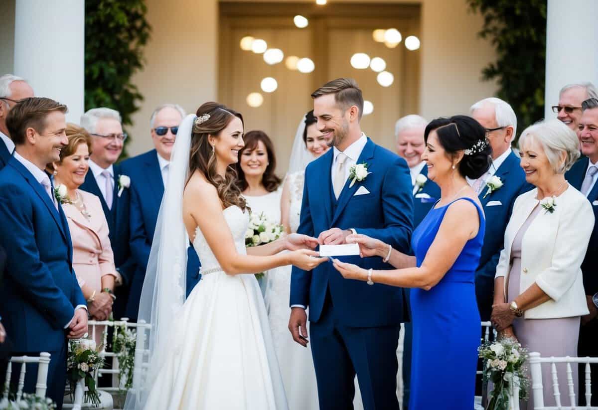 A bride and groom standing at the altar, surrounded by family members and friends. The bride's parents are presenting a check to the couple