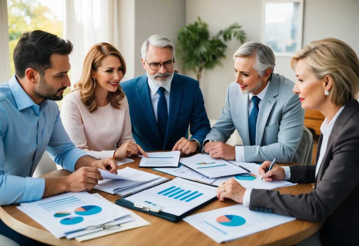A family gathered around a table with financial documents and a wedding planner, discussing and budgeting for their daughter's big day