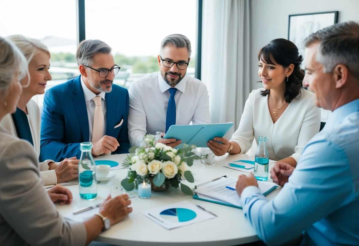 A family gathering around a table, discussing wedding expenses and who will contribute. A wedding planner presents a detailed cost breakdown