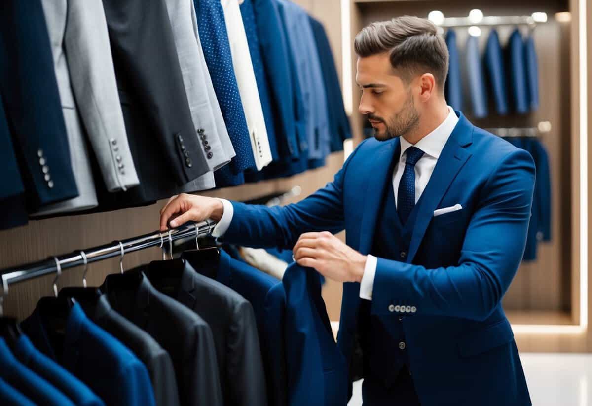 A well-dressed man selecting a suit from a rack in a formal menswear store
