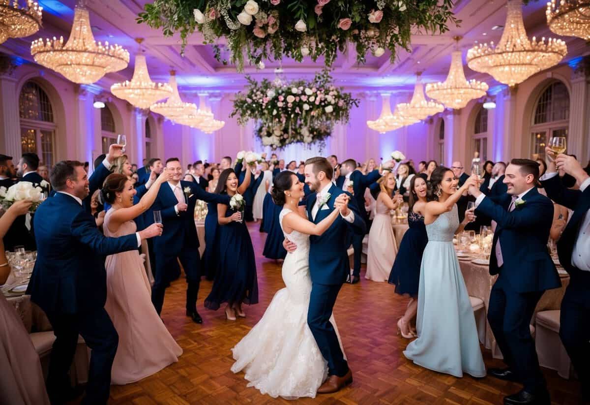 A lavish banquet hall adorned with flowers and twinkling lights, filled with jubilant guests dancing and toasting to the newlyweds